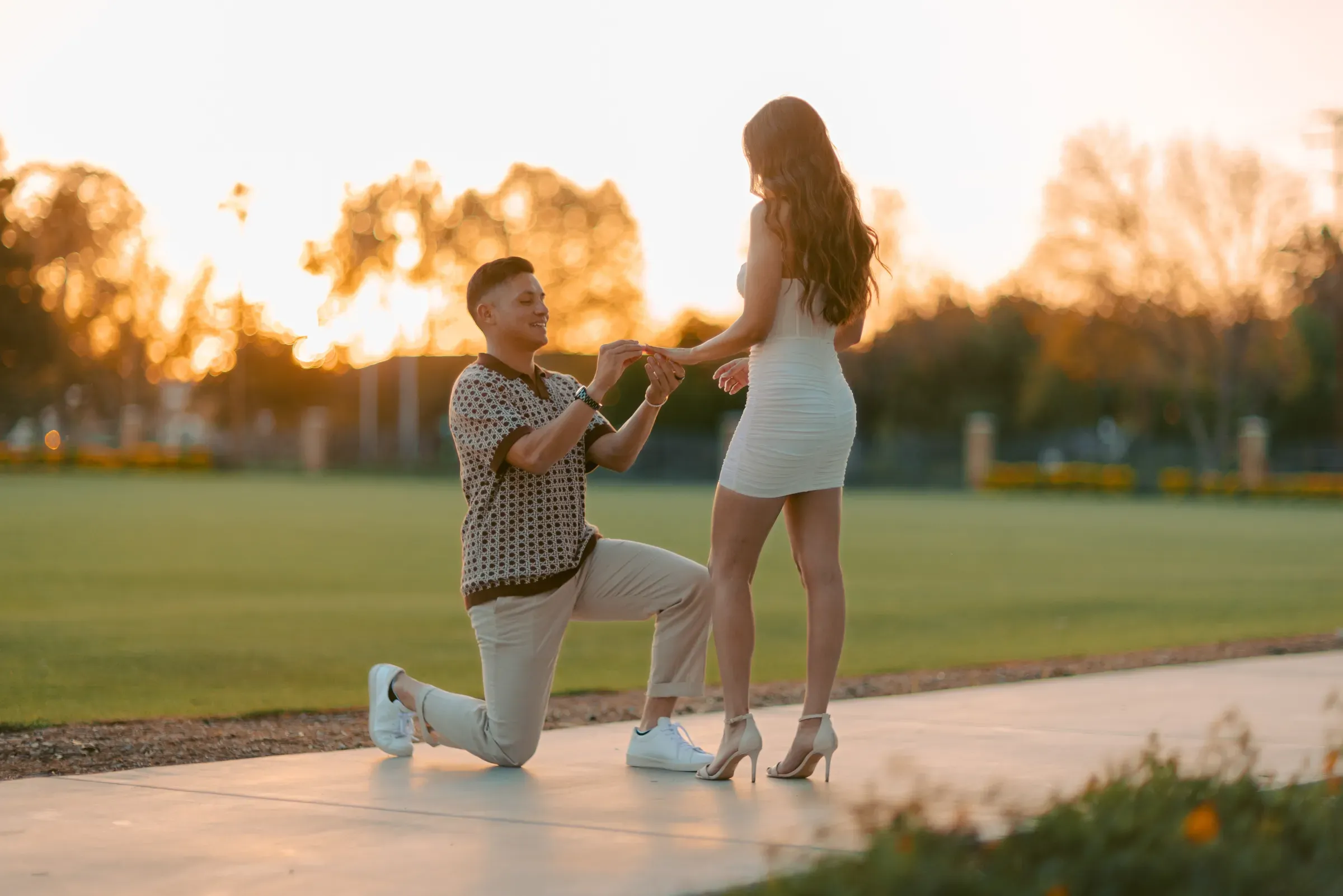Proposal on one knee at a park during golden hour